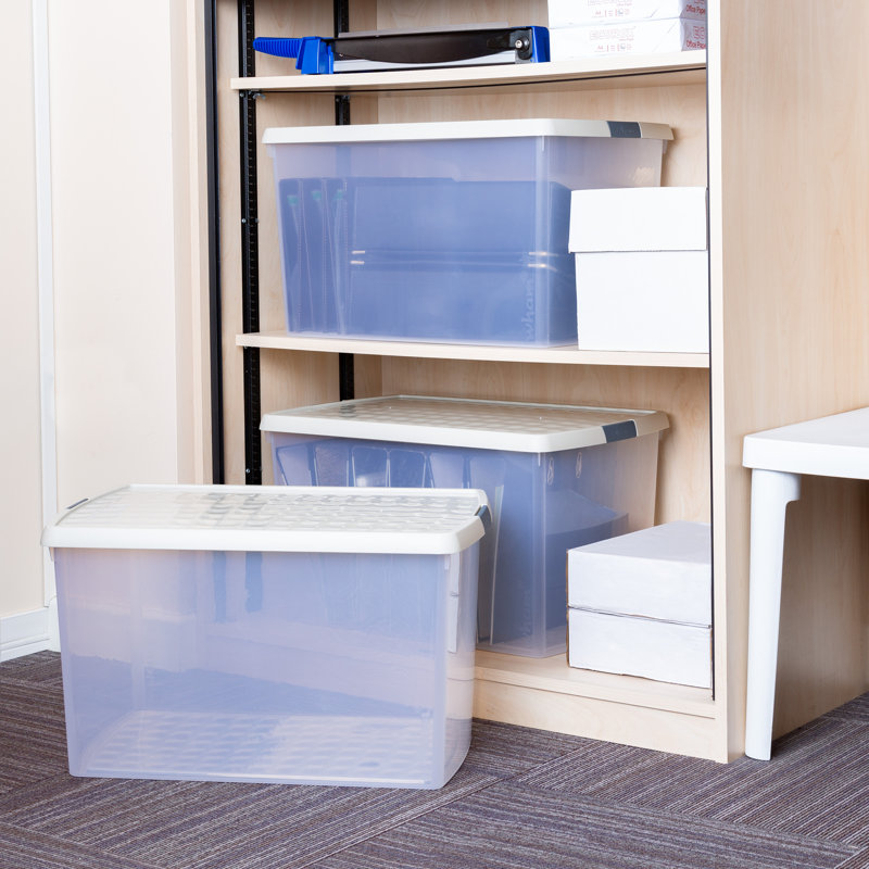 Wham Clip 62L Rectangular Plastic Storage Boxes with Secure Clip Lock Lids. L:59.5 x W:39.5 x H:33.5cm Clear/Stone/Slate Grey