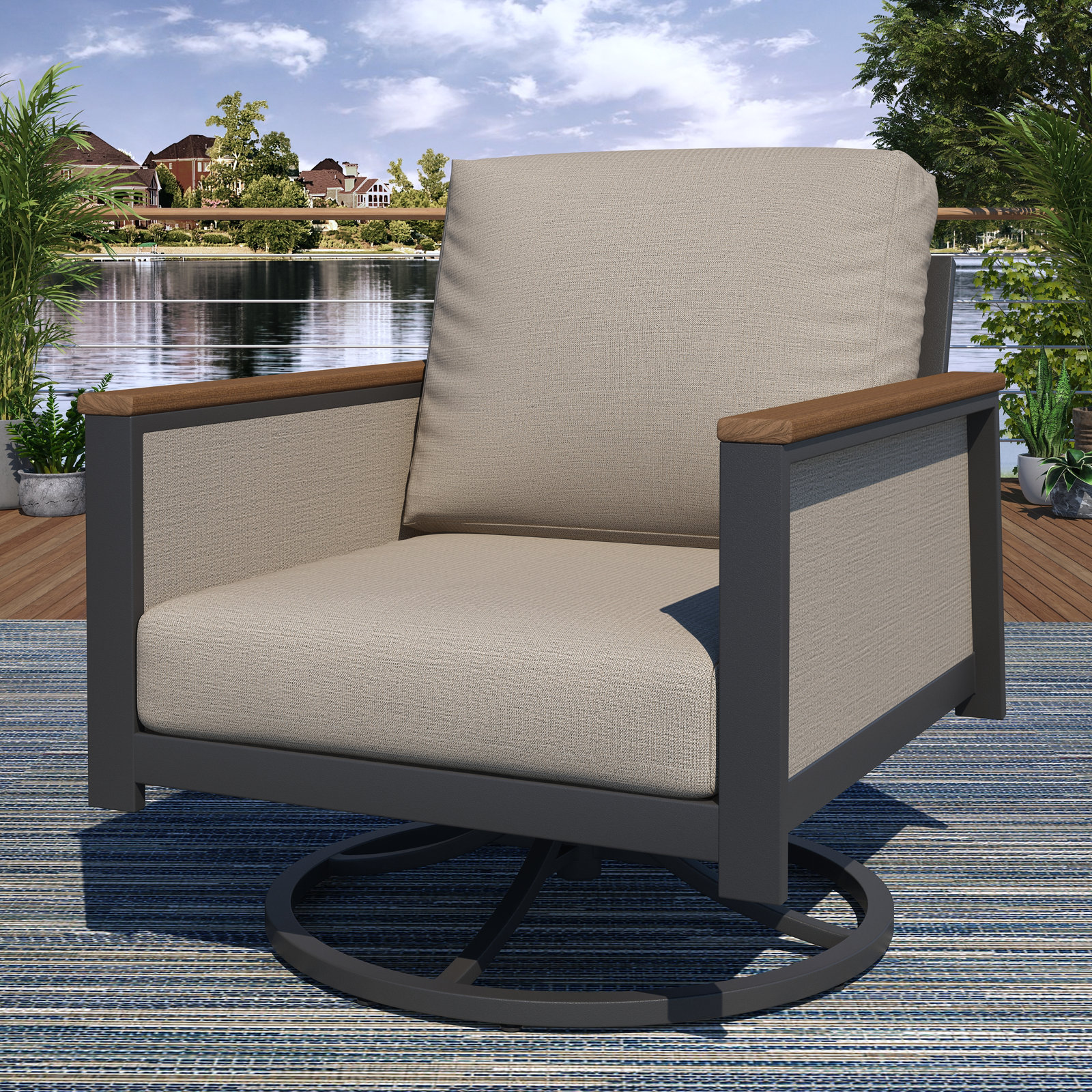 Stimson Sunbrella® Swivel Patio Rocking Chair, Cast Silver, Dark Gray/Brown