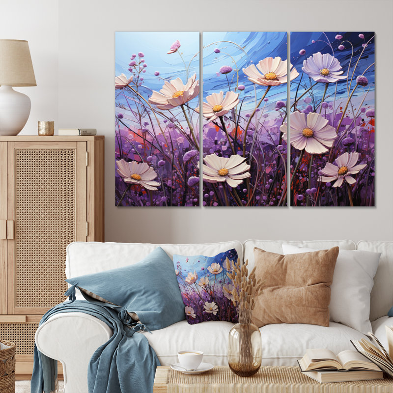 Zinnias Violet Serenade I sur toile, reproduction de 3 pièces, H 40 po x l 60 po x P 1 po