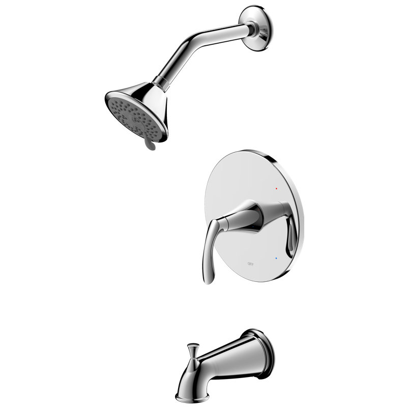 Système de douche de la collection Stilleto: pomme de douche ronde à 3 fonctions de 4 po, ensemble de poignées simples, bec de baignoire et soupape brute incluse - chrome poli