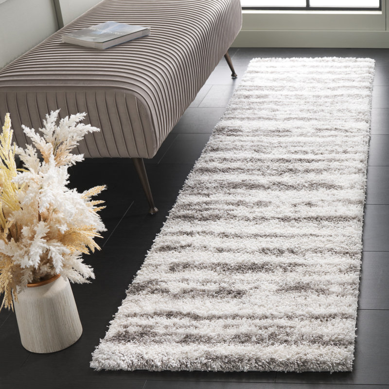 Tapis en polyester tissé à la machine Arbelia en ivoire / gris foncé, Tapis de couloir 2 pi x 8 pi
