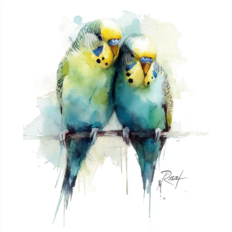«Cuddled Parakeet Duo», art mural sur toile tendue, l 40 po x H 40 po x P 1,5 po
