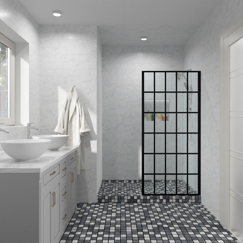 34'' Matte Black Frameless Fixed Shower Door with Clear Glass