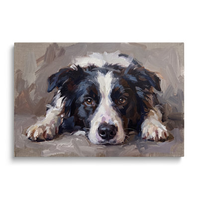 Multicolor Canvas Border Collie Still Life Oil Painting, Painterly Dog Portrait Wall Art for Living Room Dining Room and Bedroom