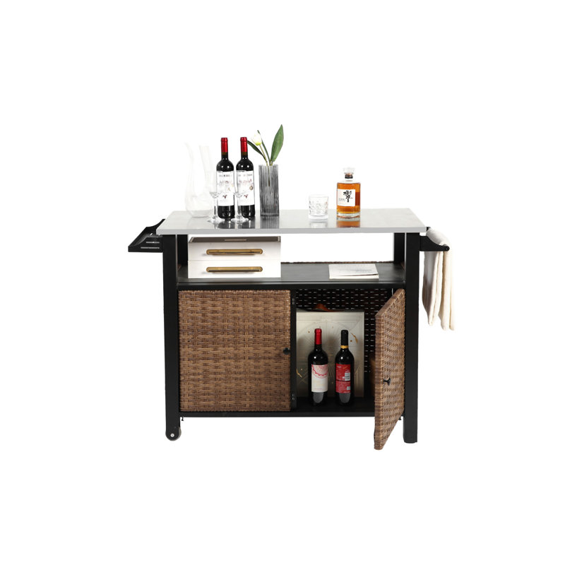 Outdoor Kitchen Wicker Island Rolling Cart & Storage Cabinet