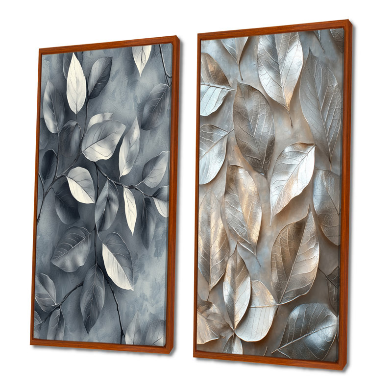 Cuivre, argent, feuilles d'étain I - art mural floral 2 panneaux, H 32 po x l 33 po, Cadre flottant brun
