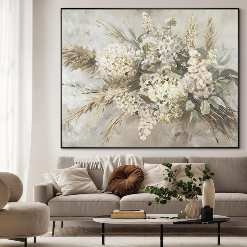 Extra Large Wall Art Fabric Print - Elegant Whimsical White Flower Bouquet Illustrations Artwork Decor for Living Room or Bedroom - "Frame Assembly Required (Unfinished Frame)"