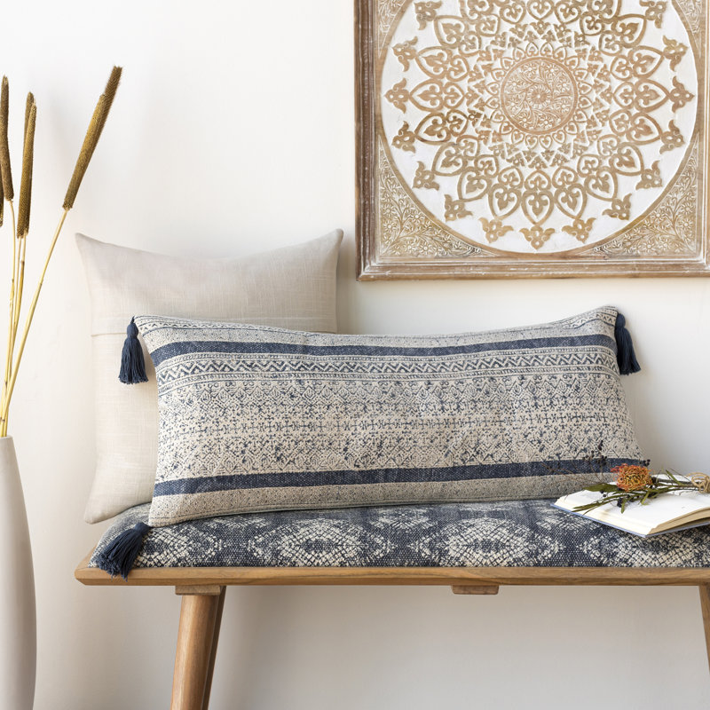 Zetta Tassels Cotton Throw Pillow, Down, Beige/Denim