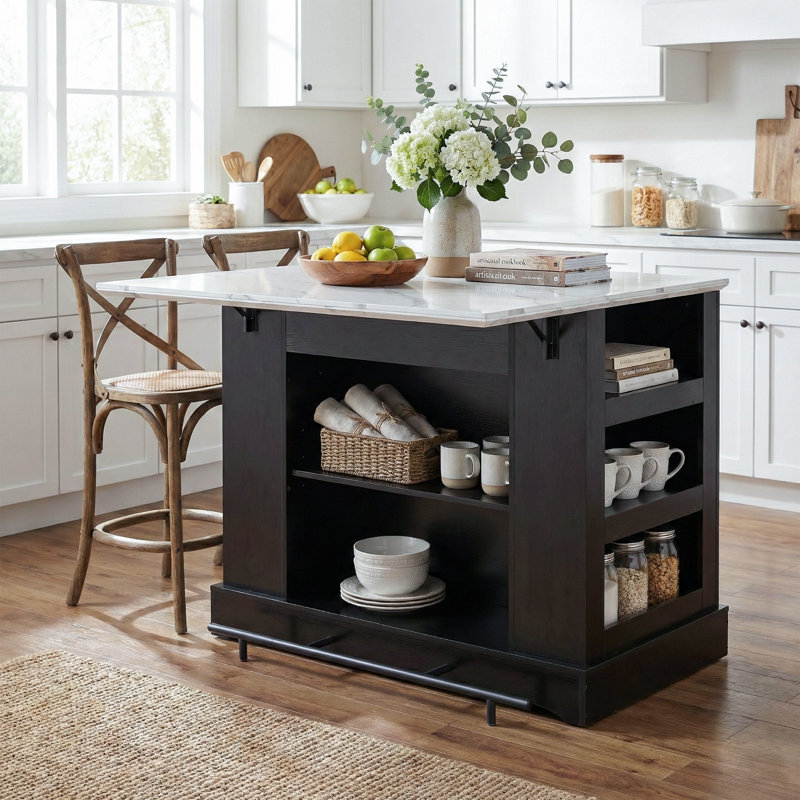 Fusunbao Large Kitchen Island With Storage & Power Outlet, Drawer, Adjustable Shelves, Side Open Compartments, And Drop Leaf,island Table For Kitchen With Footrest,black