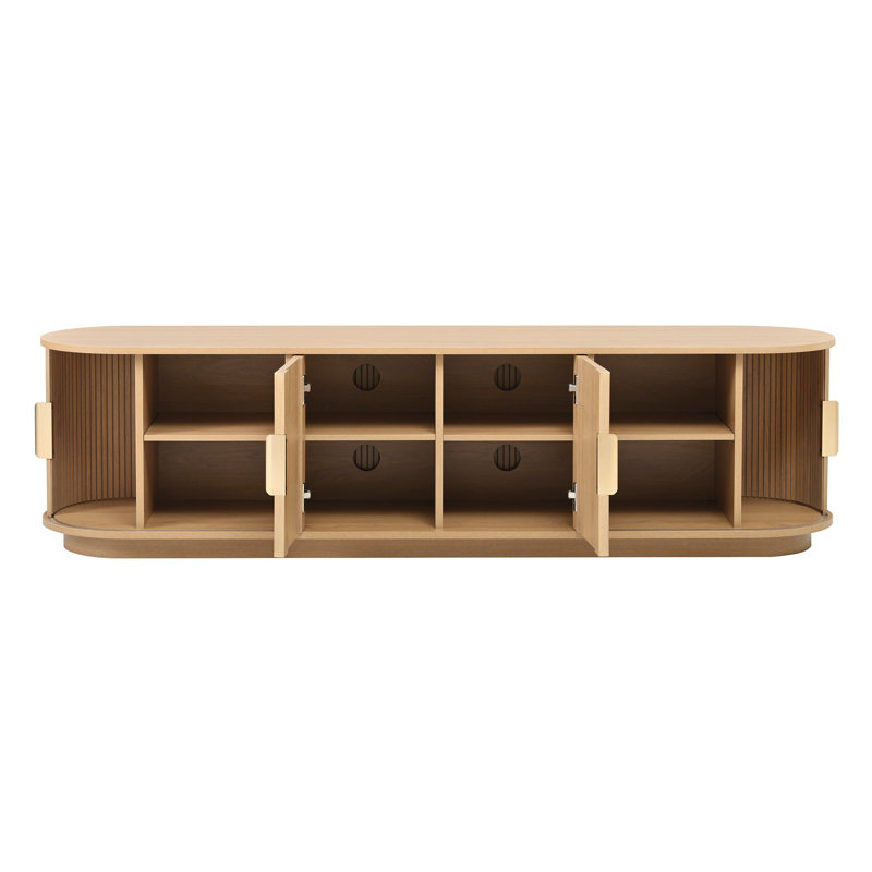 Meuble télé Farmhouse en bois pour téléviseur de 75 po ou moins avec portes tambour rondes, console multimédia cannelée avec tablettes réglables, poignées dorées et gestion des câbles pour le salon