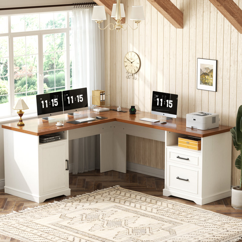 60‘’ L Shaped Desk with Wooden Drawers, Walnut, White