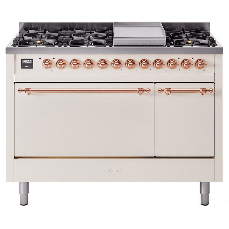 ILVE Nostalgie II 48 in Dual Fuel Range, 8 Burner, Griddle, Antique White/Copper, Natural Gas