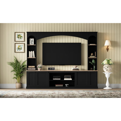Elegant -Style Entertainment Center, 91Inch Tv Stand For 70" Tvs, Featuring Wood Grain And Adjustable Shelves With Arched Design, Center Living Room, & Safe Device