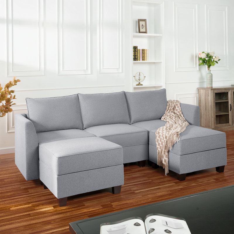 Canapé modulaire en lin avec double repose-pieds et rangement perttu, Gris