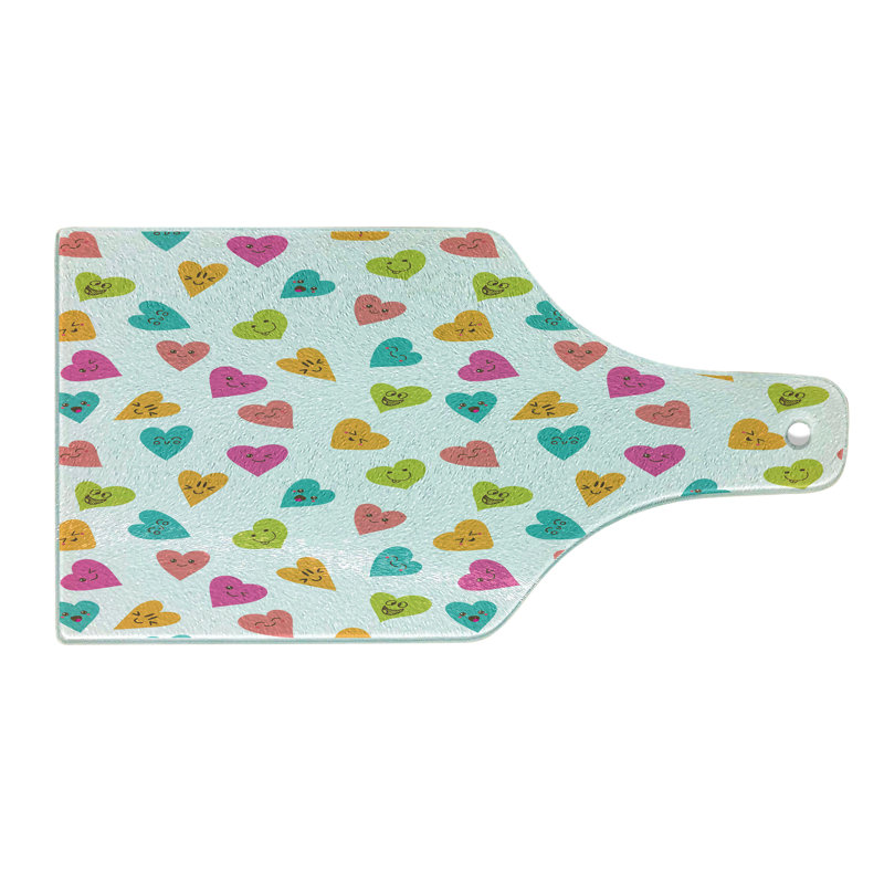 Ambesonne Hearts Tempered Glass Cutting Board Smiling Pattern Funny Design Multicolor