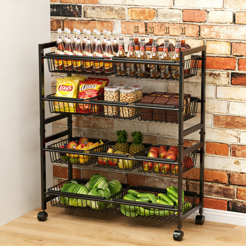 4-Tier Rolling Snack Cart With 10 Baskets, Kitchen Storage Organizer, Black