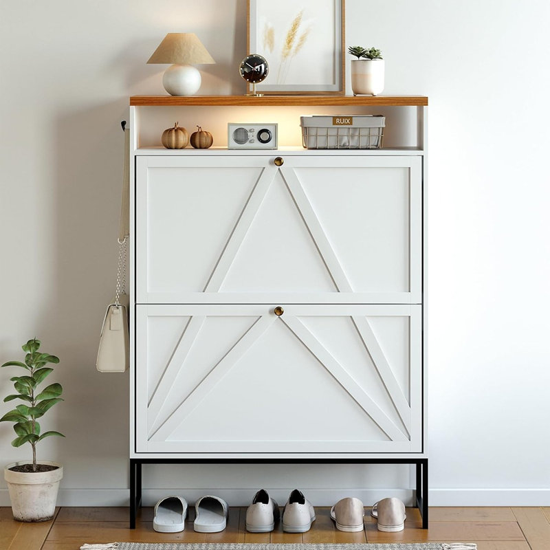 Armoire de rangement pour chaussures avec 2 tiroirs rabattables, organisateur de rangement de chaussures caché moderne, étagère à chaussures autoportante étroite en bois avec détecteur de mouvement, couloir, vestibule, blanc