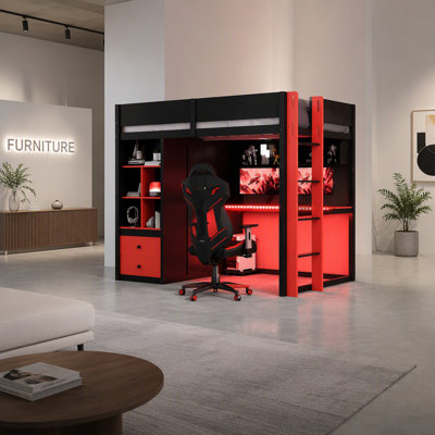Lit mezzanine pleine grandeur en bois massif avec bureau, armoire de rangement et garde-robe, lit mezzanine haut avec bande lumineuse à contrôle intelligent APP, ports de charge USB, noir et rouge