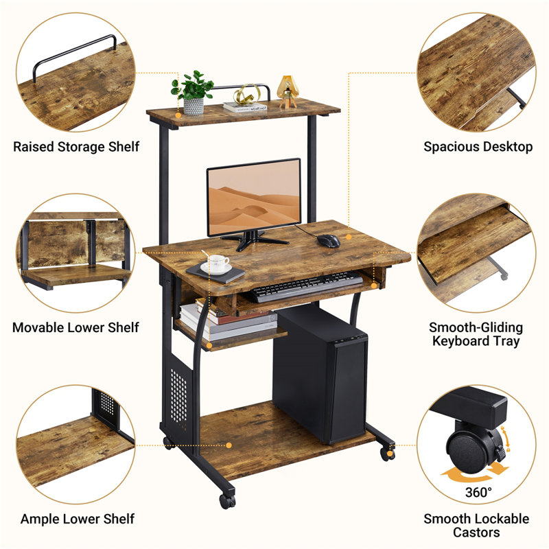 Bureau d'ordinateur Rosita, Brun rustique