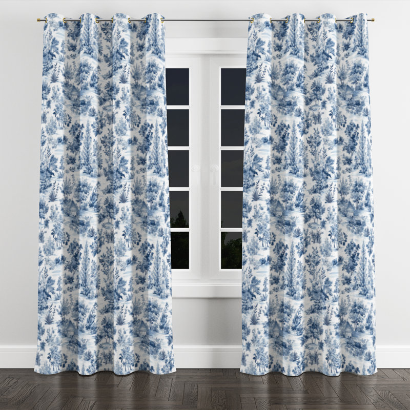 Country Farmhouse Room Darkening Curtains - Blue Cottage Toile Grommet Curtain - 1 Panel, Gold Grommets, 52" W x 108" L