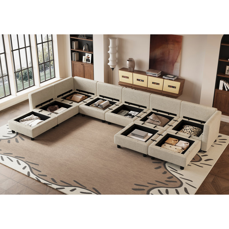 Oversized U-Shaped Sectional Couch, Full Seats Hidden Storage For Family Room, Beige Polyester Blend