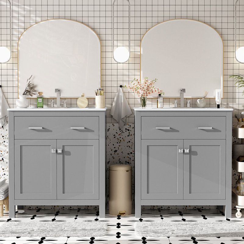 Ensemble de meuble-lavabo moderne avec double meuble-lavabo séparé pour salles de bain spacieuses, Gris