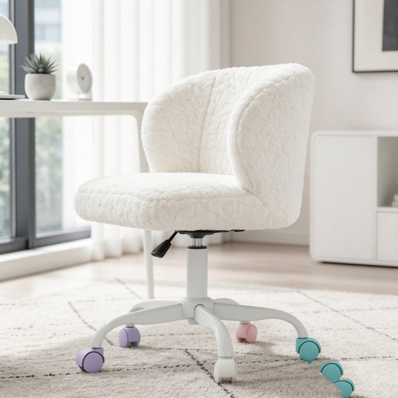 Chaise de bureau pivotante en faux alpaga et base blanche neige, Fausse fourrure ivoire
