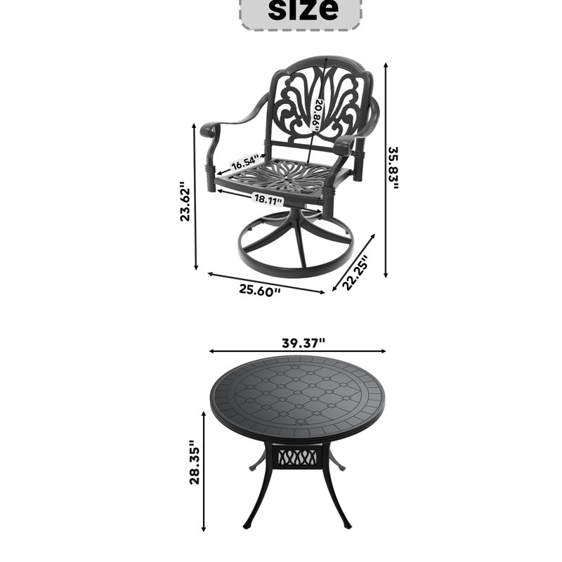 All-Weather 3: 2 chaises pivotantes et table ronde de 39,37 po, aluminium, noir, résistant aux intempéries, sièges confortables, éléments d'assemblage rapides, simple