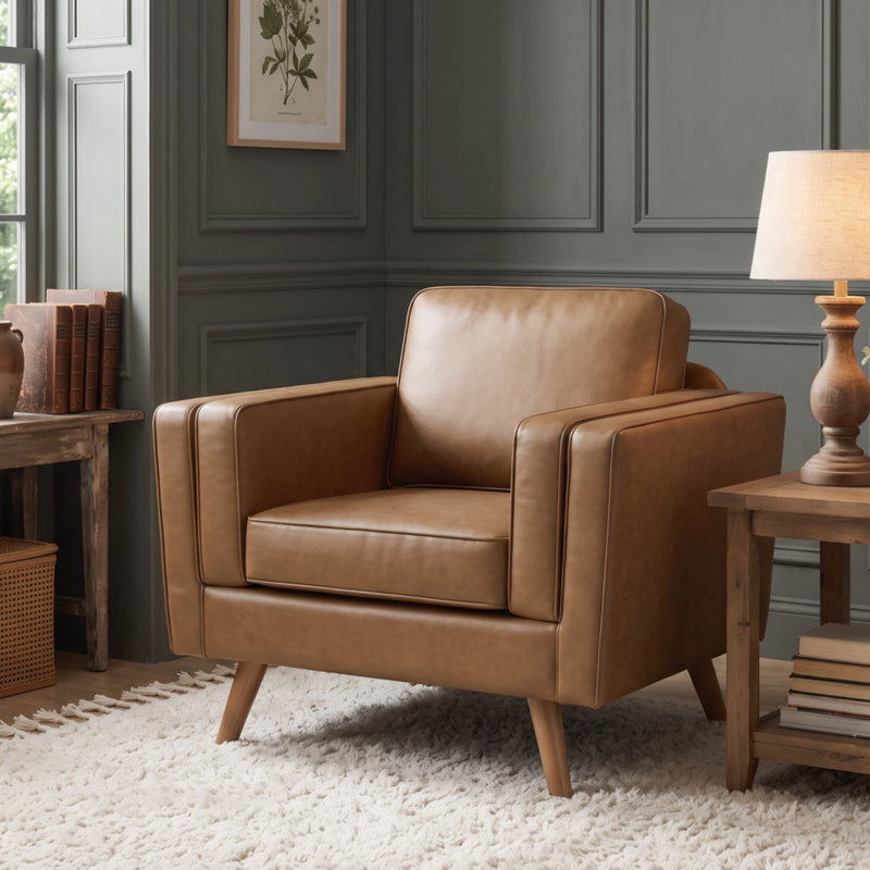 Fauteuil d'appoint rembourré de 39,3 po de largeur avec pieds en bois massif Havens, Similicuir brun