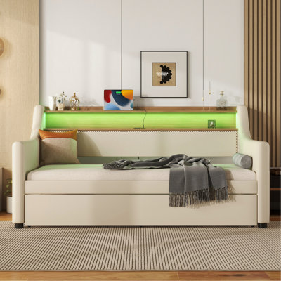 Daybed With Trundle, Upholstered Daybed With Charging Station And LED Lights