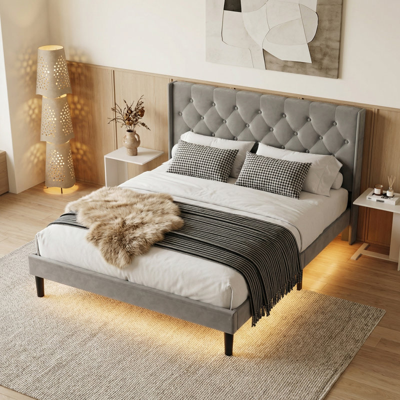 Upholstered Bed Frame with Diamond Button Tufted Headboard, Kingsize (5'), Grey