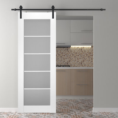 Palladio 5-Lite Solid Manufactured Wood Paneled Prefinished Barn Door with Installation Hardware Kit