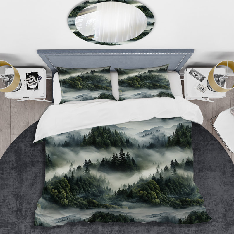 Ensemble de housse de couette abstrait Misty Forest Moody, Housse de couette pour grand lit et 2 taies décor
