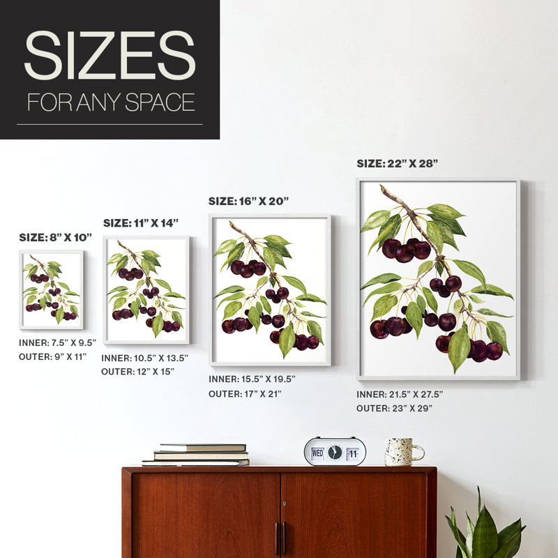 Watercolor Cherries, reproduction encadrée - bois massif, Blanc, H 10 po x l 8 po