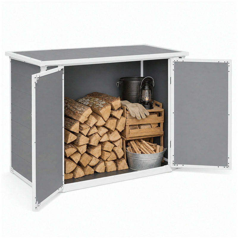 Horizontal Outdoor Storage Shed with Ramp & Hydraulic Lid, Lockable Waterproof Storage Cabinet for Trash Cans, Tools & Firewood