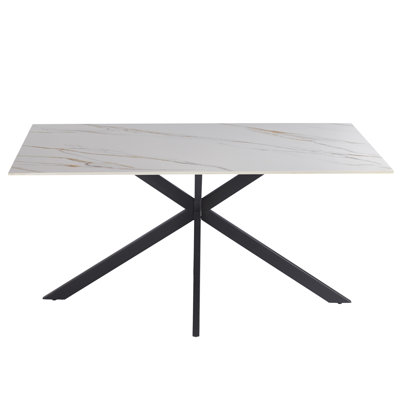 Apex Modern Rectangular Dining Table, 4-Seater Industrial Fiberstone Kitchen Table, Heavy Duty Geometric Steel Pedestal Base, Mid-Century Modern Dinin
