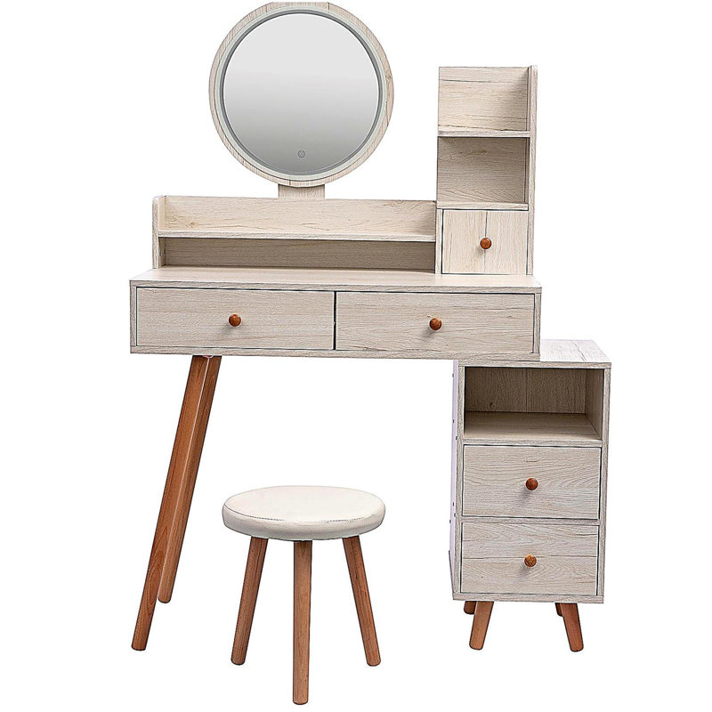 Stylish Vanity Table + Cushioned Stool,Touch Control LED Mirror,Large Capacity Storage Cabinet, 5 Drawers,Fashionable Makeup Furniture