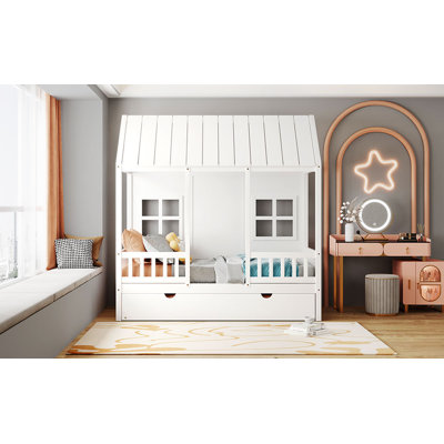 Playhouse Bed With Trundle - Wooden Twin House Bed For Kids Room