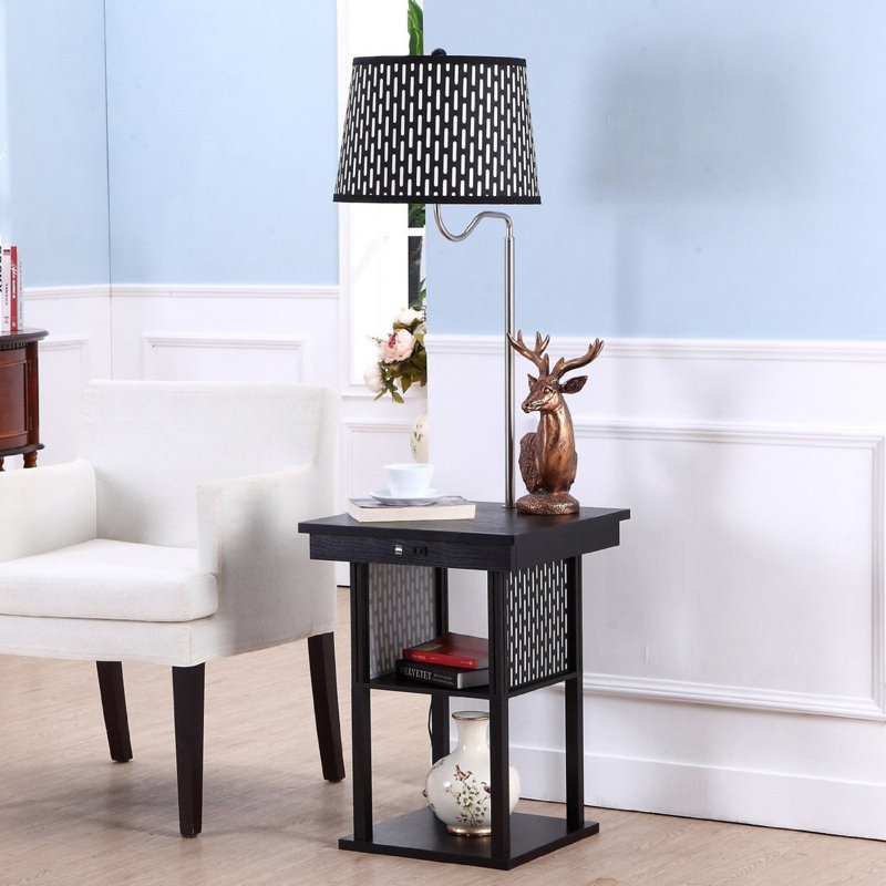 Madison 56 in. Modern LED Bedside Table Lamp with Fabric Drum Shade and Built-In USB Port