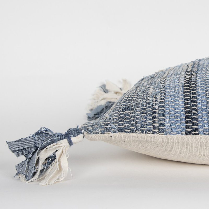 Blue and Ivory Striped Recycled Denim Lumbar Pillow with Tassels