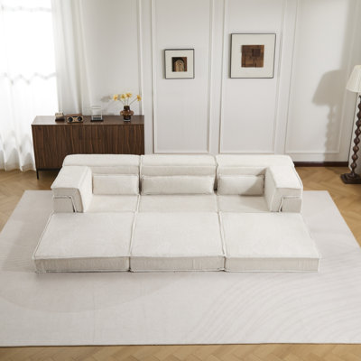 Compression Mahjong Sofa,Convertible Floor Sofa Bed,DIY Boneless Modular Sectional Sofa,No Assembly Required,Circle Fleece Fabric,Oversized 3 Seater With 3 Pillows,White