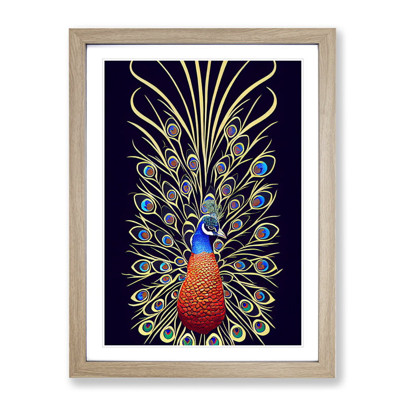 Fascinating Peacock No.1 - Framed Print, 46cm H x 34cm W x 2cm D, Oak