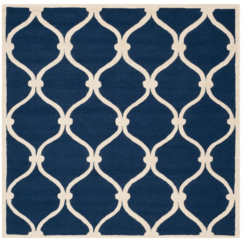 Erol   Geometric Handmade Tufted Wool Navy/Ivory Area Rug, Square 6'
