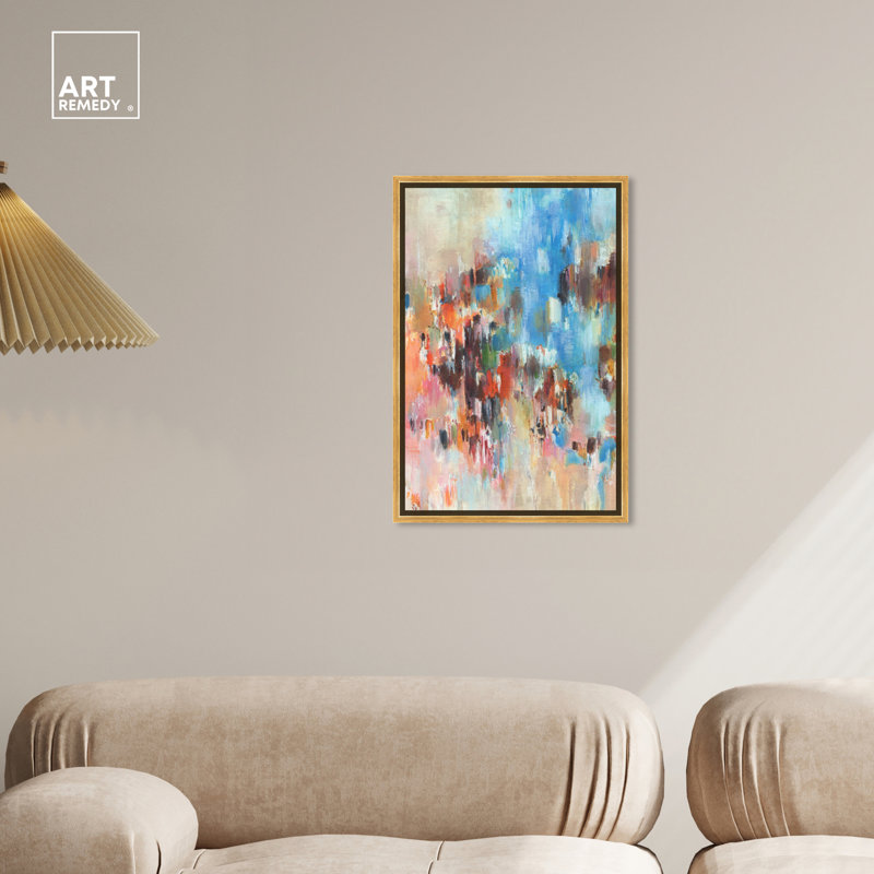 Large Gold Framed Blue and Multicolor Abstract Canvas Art