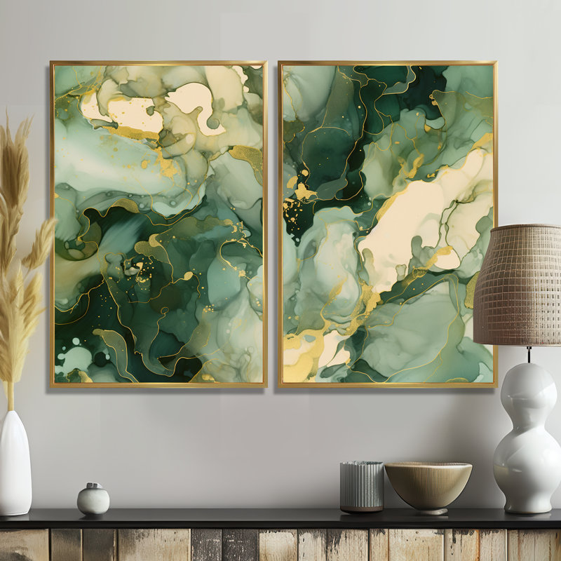 «Green Luxury Abstract Fluid Art I», art mural vert, H 36 po x l 48 po, Impression encadrée flottante sans passe-partout