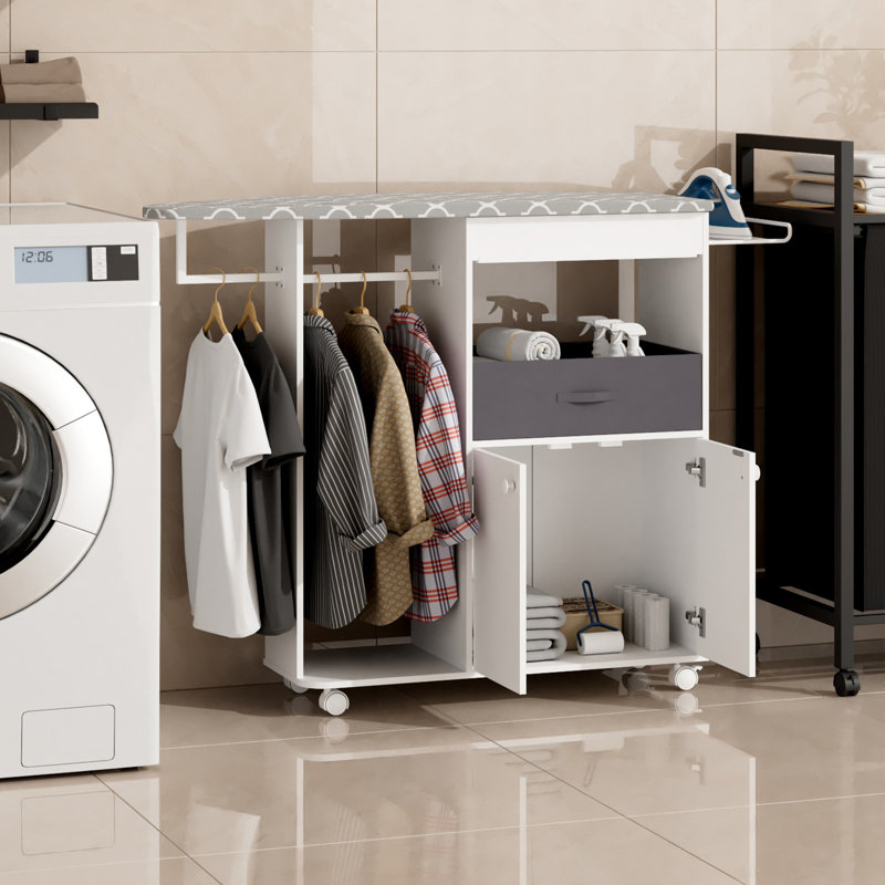 Armoire à planche à repasser autoportante avec rangement, chariot de repassage mobile avec roues verrouillables pour la lessive, la chambre à coucher et le vestiaire