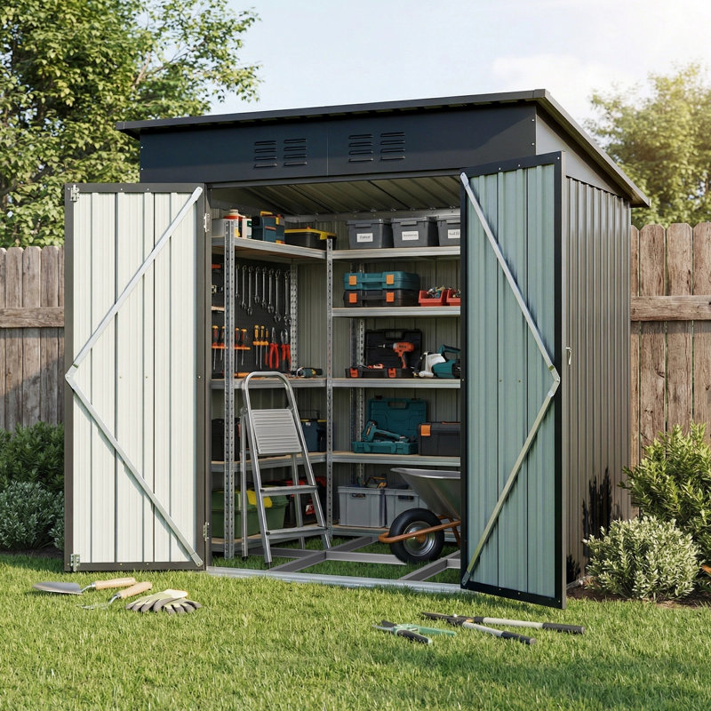 Abri de jardin en métal noir, 1,83 m de large x 1,22 m de profondeur, avec porte verrouillable et cadre de plancher., Black