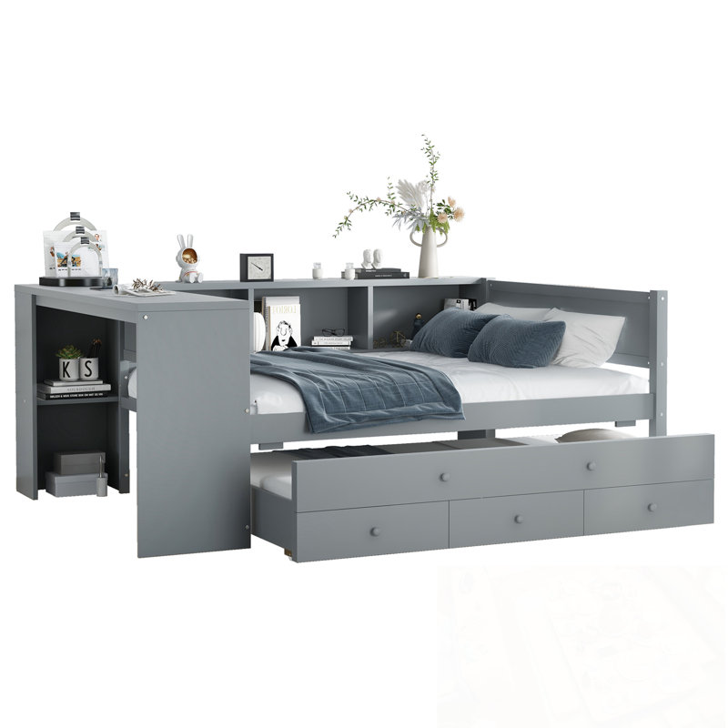 Full Size Daybed with Trundle, Storage Drawers and Side Shelves, Gray, Full