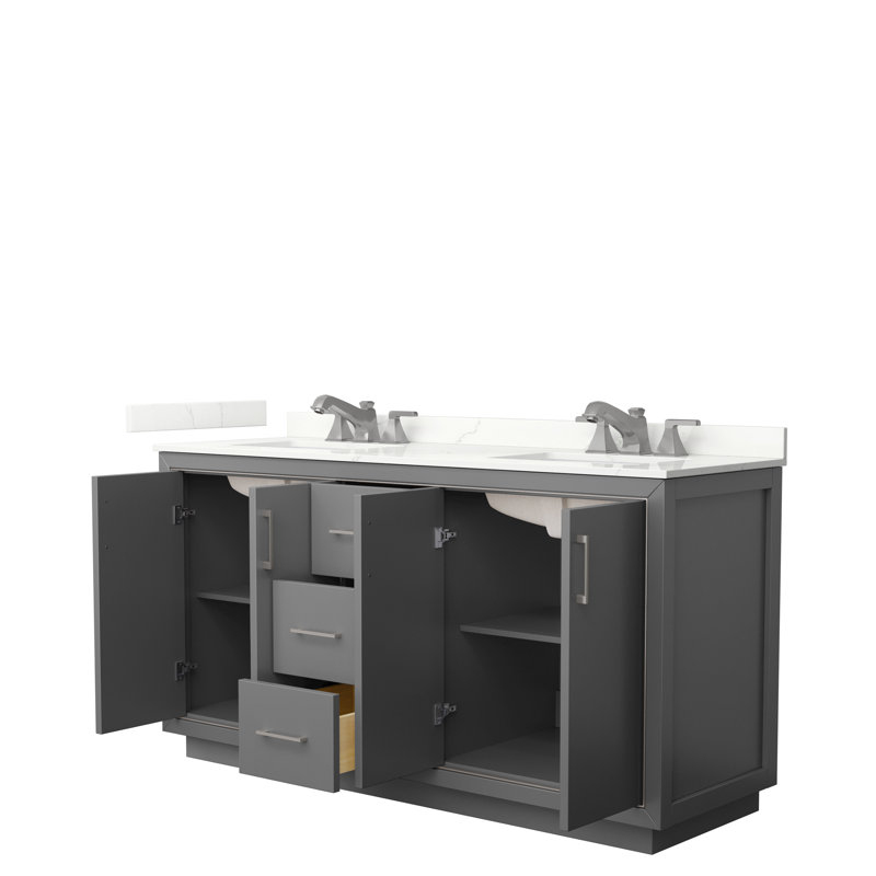 66'' Double Bathroom Vanity with Quartz Top, Dark Grey, Matte Black, Giotto Quartz
