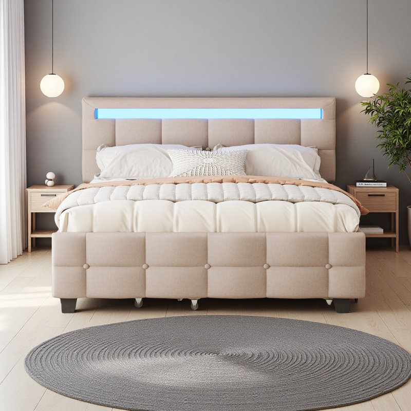 Grand lit plateforme tapissier avec structure à DEL, lit gigogne simple TG et 2 tiroirs, tissu en lin, Beige